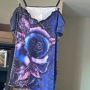 V-Neck Blue & Purple Rose Graphic Blouse